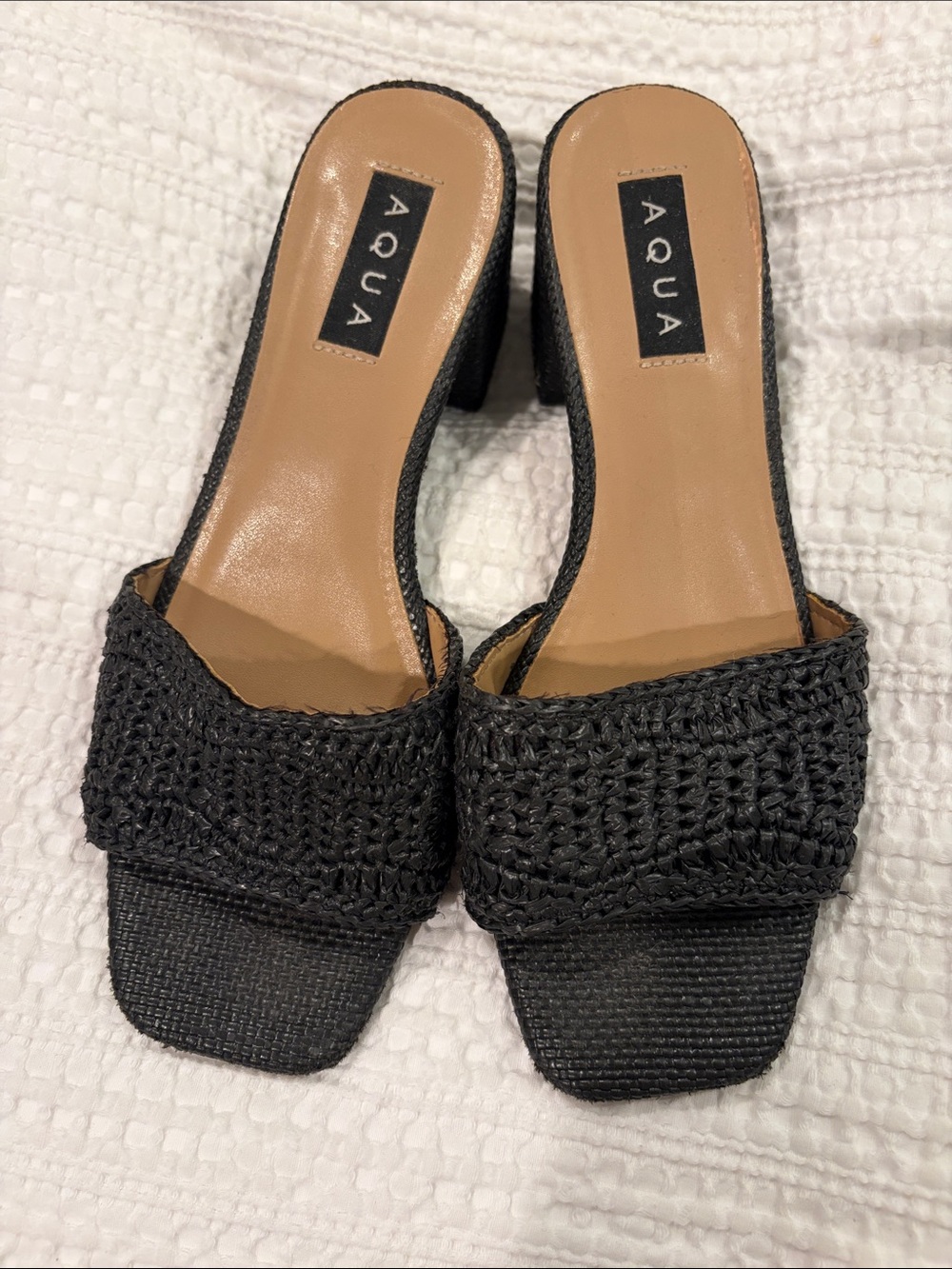 Aqua Black Woven Block Heel Slide Mules